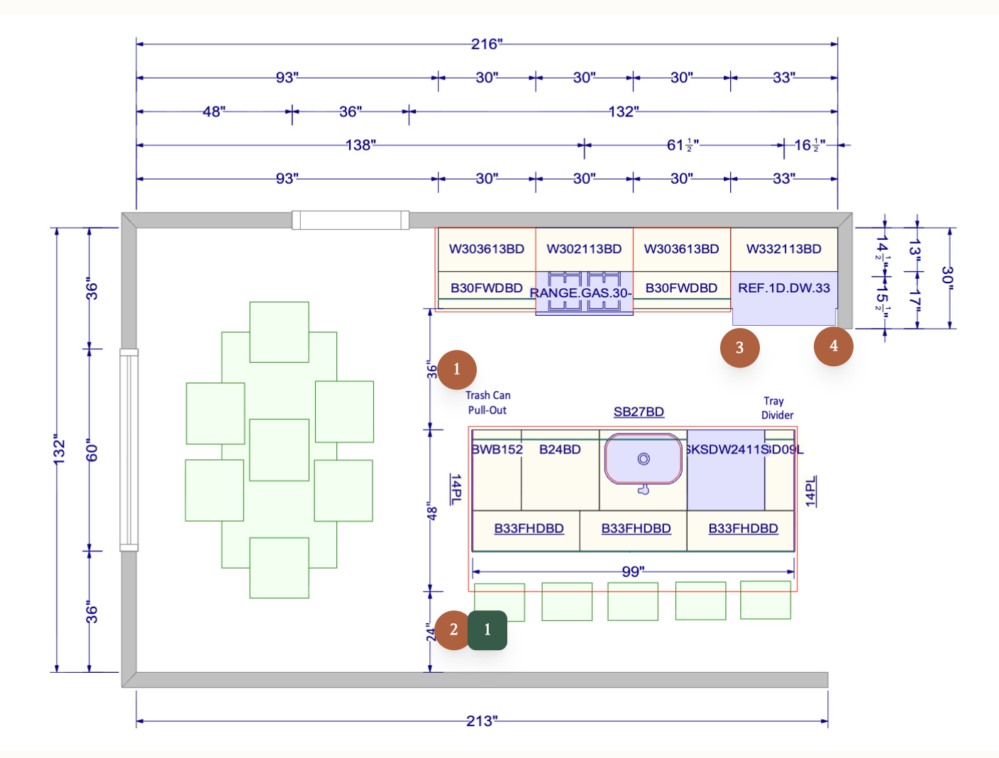 A marked-up kitchen plan with numbered conflict and improvement pins