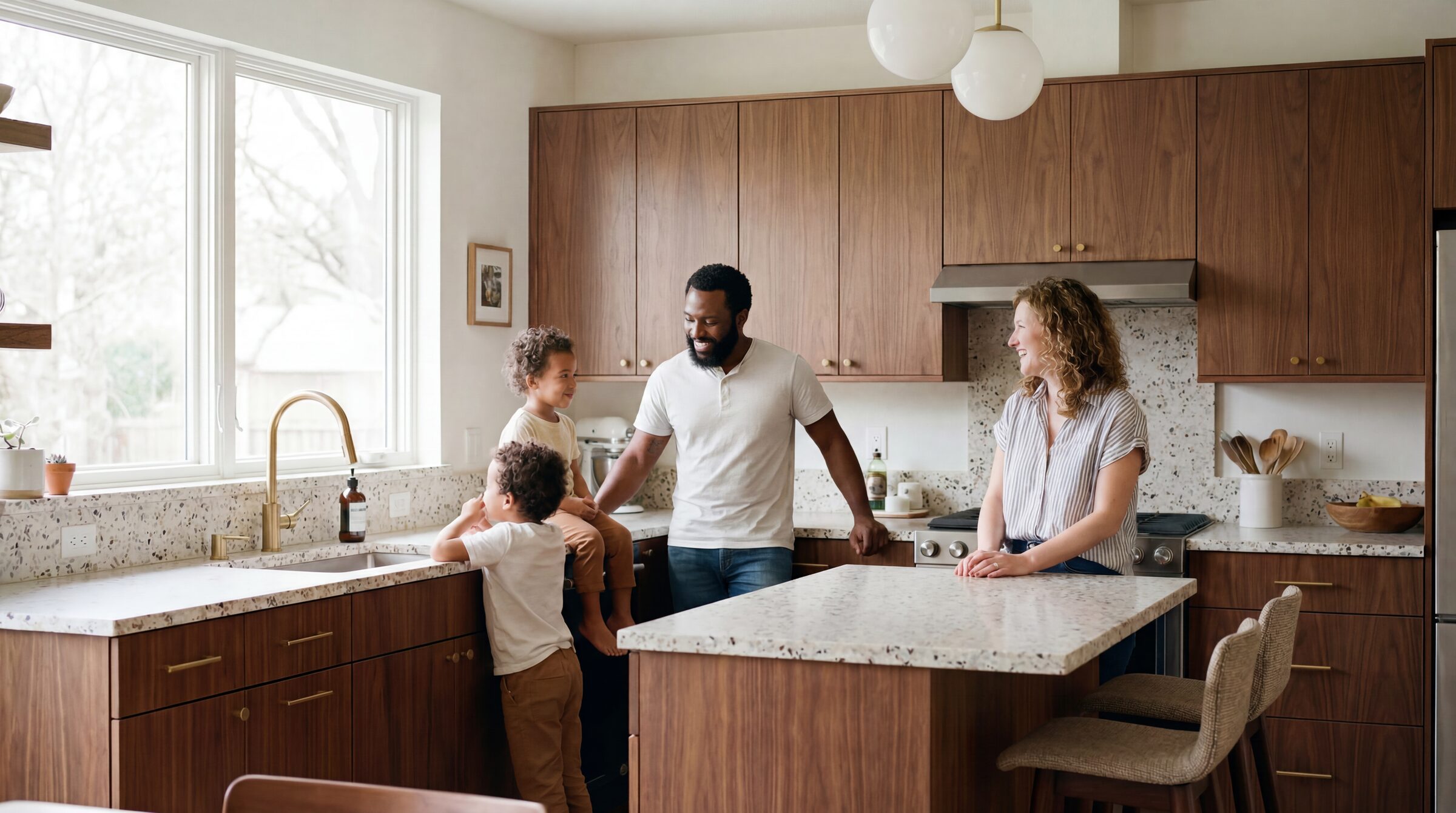 A family in their newly renovated kitchen