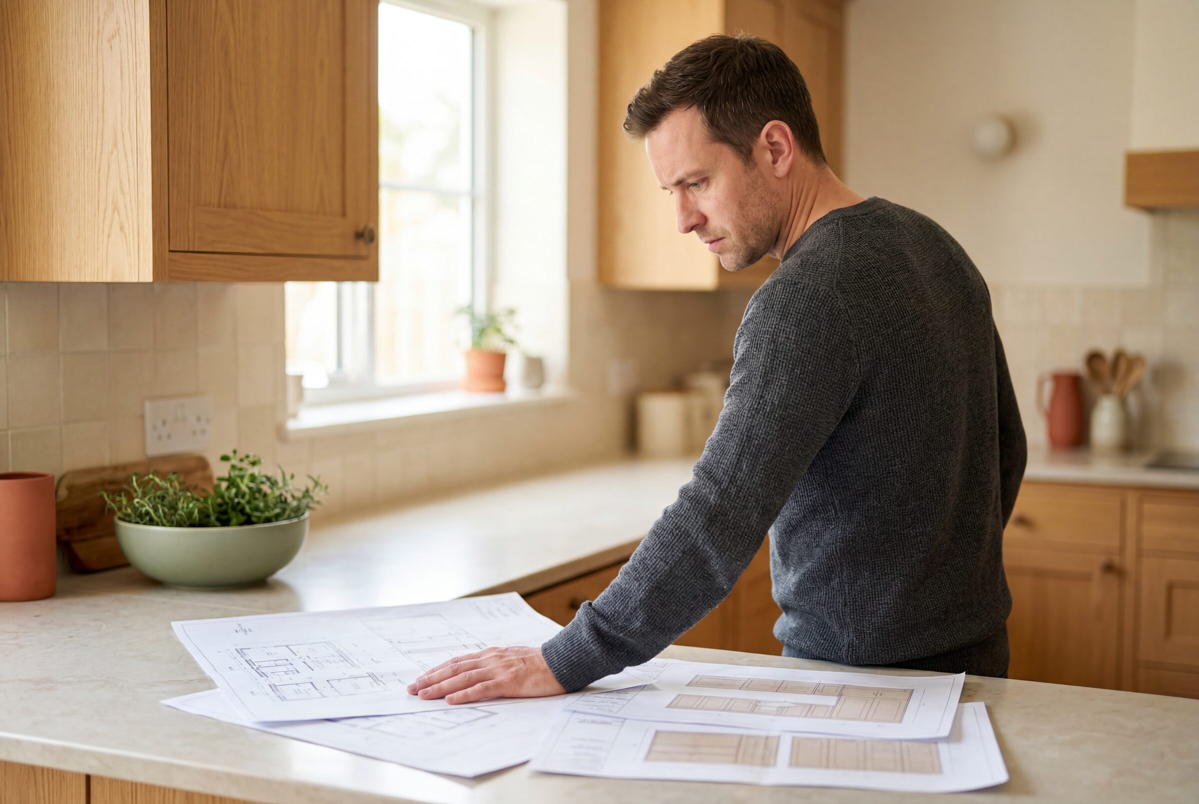 Homeowner reviewing kitchen plans at a bright counter