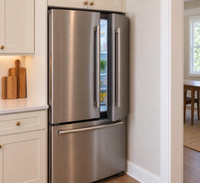A French-door refrigerator set against a wall on one side, its door stopped by the wall before it can open fully